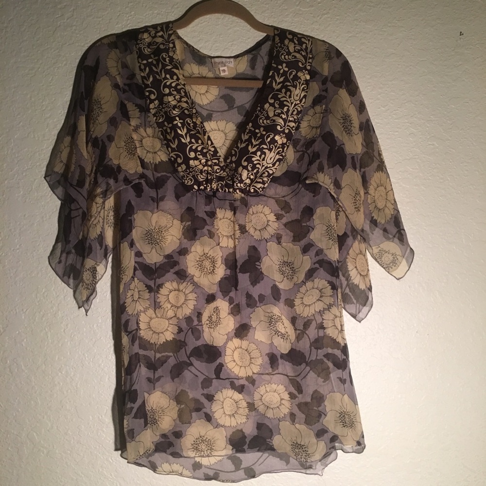 Sheer floral blouse; lavender/cream/black; size L